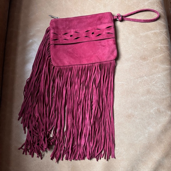 Pinko Handbags - Pinko Fringe Suede Wristlet Clutch Red cutout tassel texture designer Italy